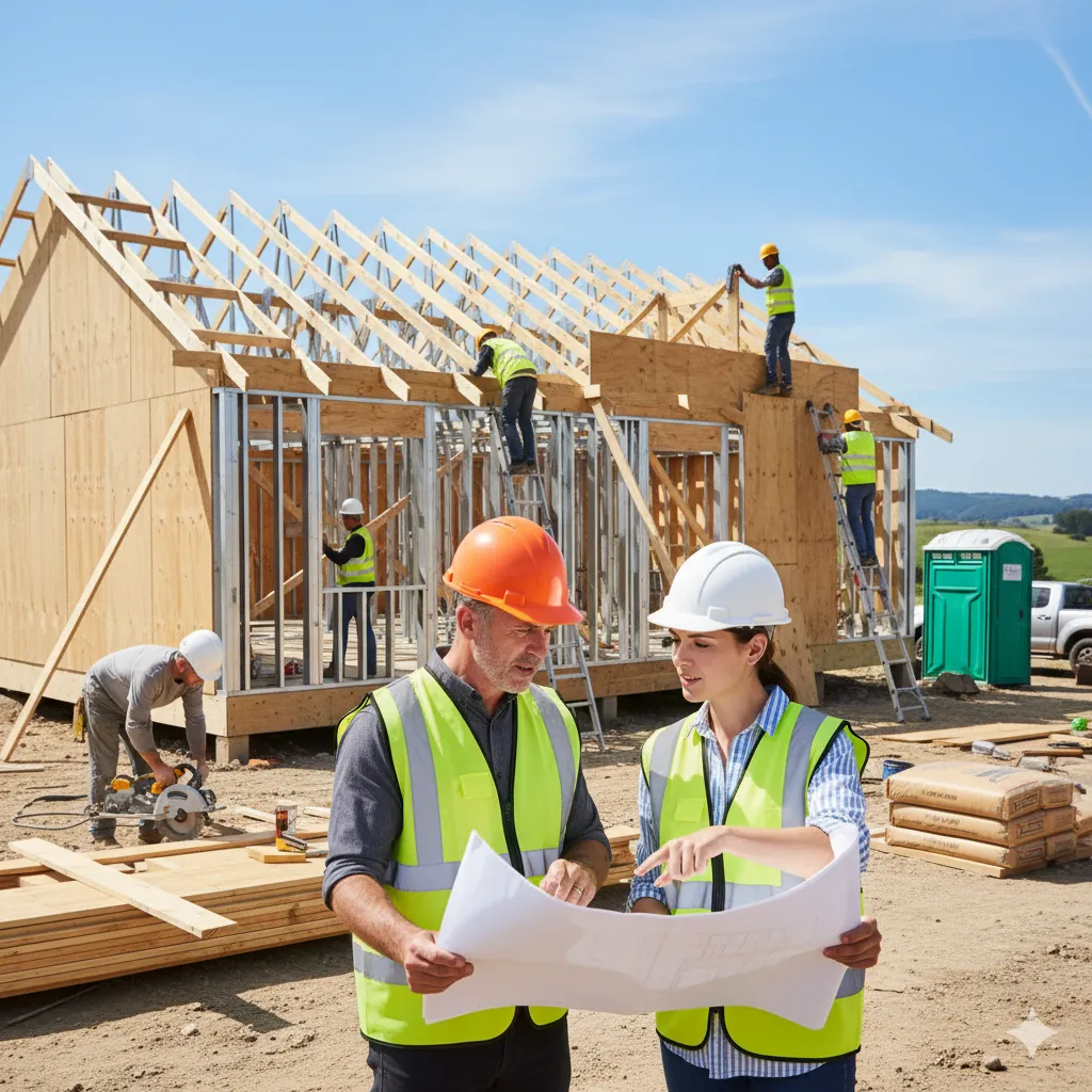 Geçici Müteahhitlik Belgesi ile Ev Yapmak kendi evinin inşaatını planlarıyla denetleyen arsa sahibi.