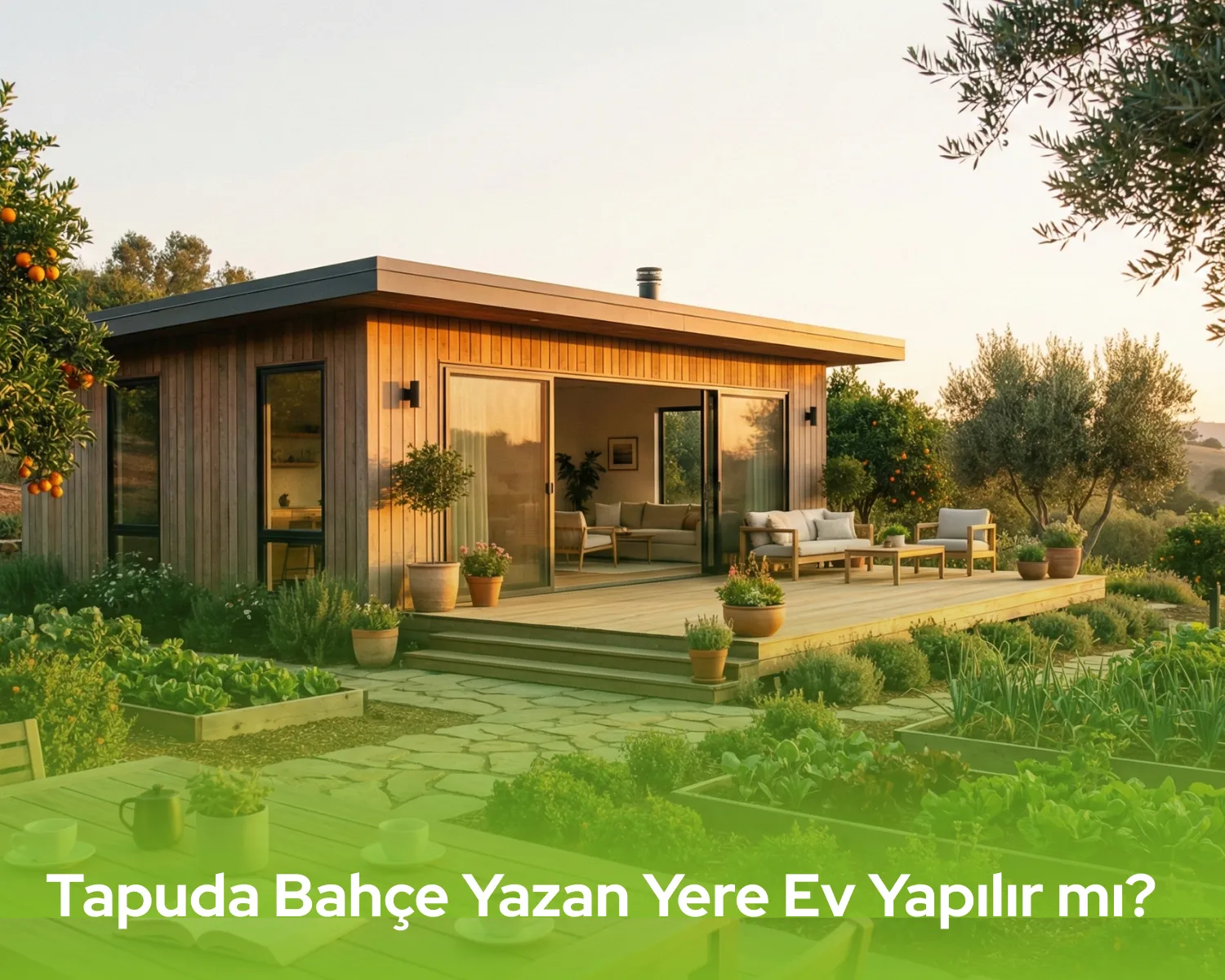 Tapuda bahçe yazan yere ev yapılır mı sorusunun cevabı niteliğinde, meyve ağaçları ve sebze bahçesi içindeki modern prefabrik ev.
