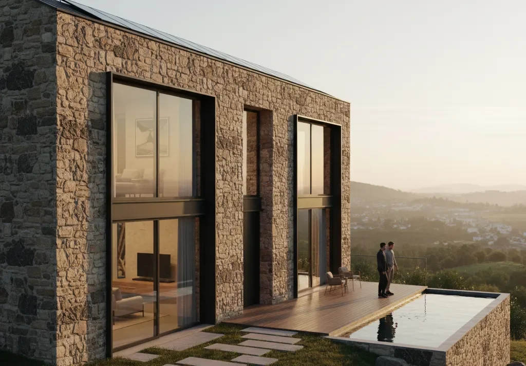 Modern kargir ve taş evlerin dayanıklılığını yansıtan bu görsel, kış manzarasıyla birleşen konforlu yaşam alanlarını sunar. Pramo Prefabrik Evler'in sağlam ve estetik çözümlerini keşfedin.