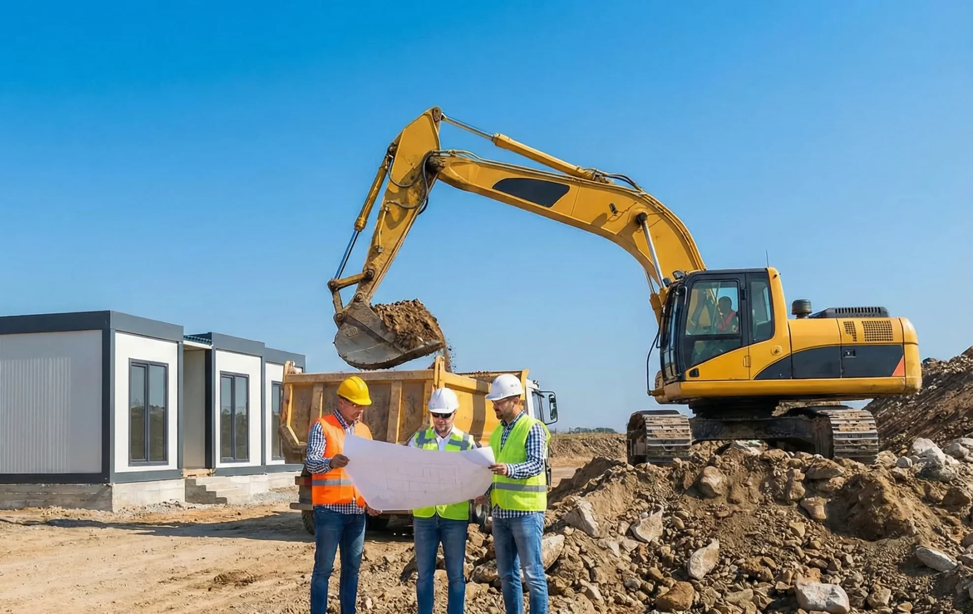 Prefabrik ev projelerinde zemin hazırlığı aşaması ve teknik olarak hafriyat ne demek sorusunu yanıtlayan saha fotoğrafı.
