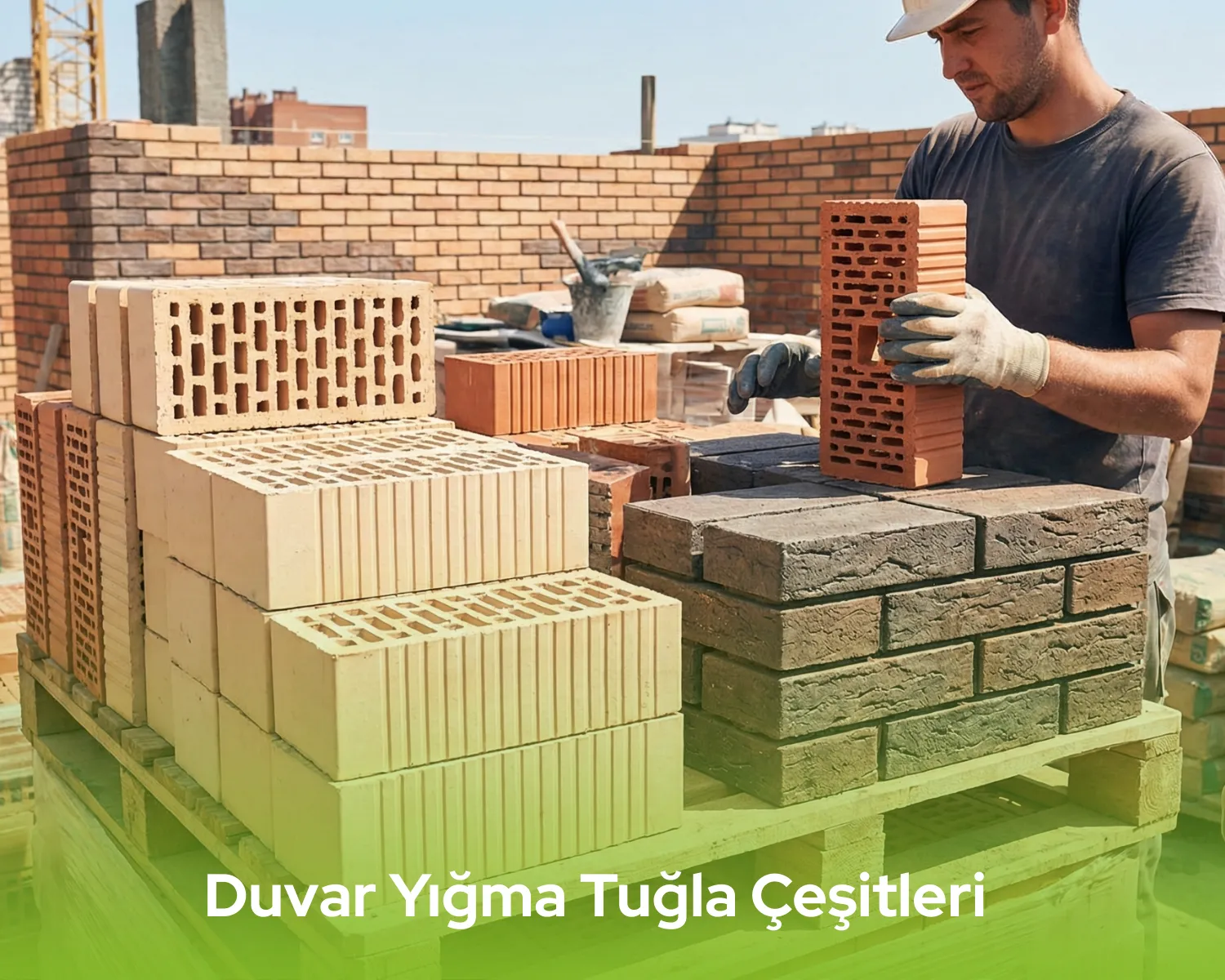 İnşaat sahasında palet üzerinde kullanıma hazır bekleyen farklı duvar yığma tuğla çeşitleri.