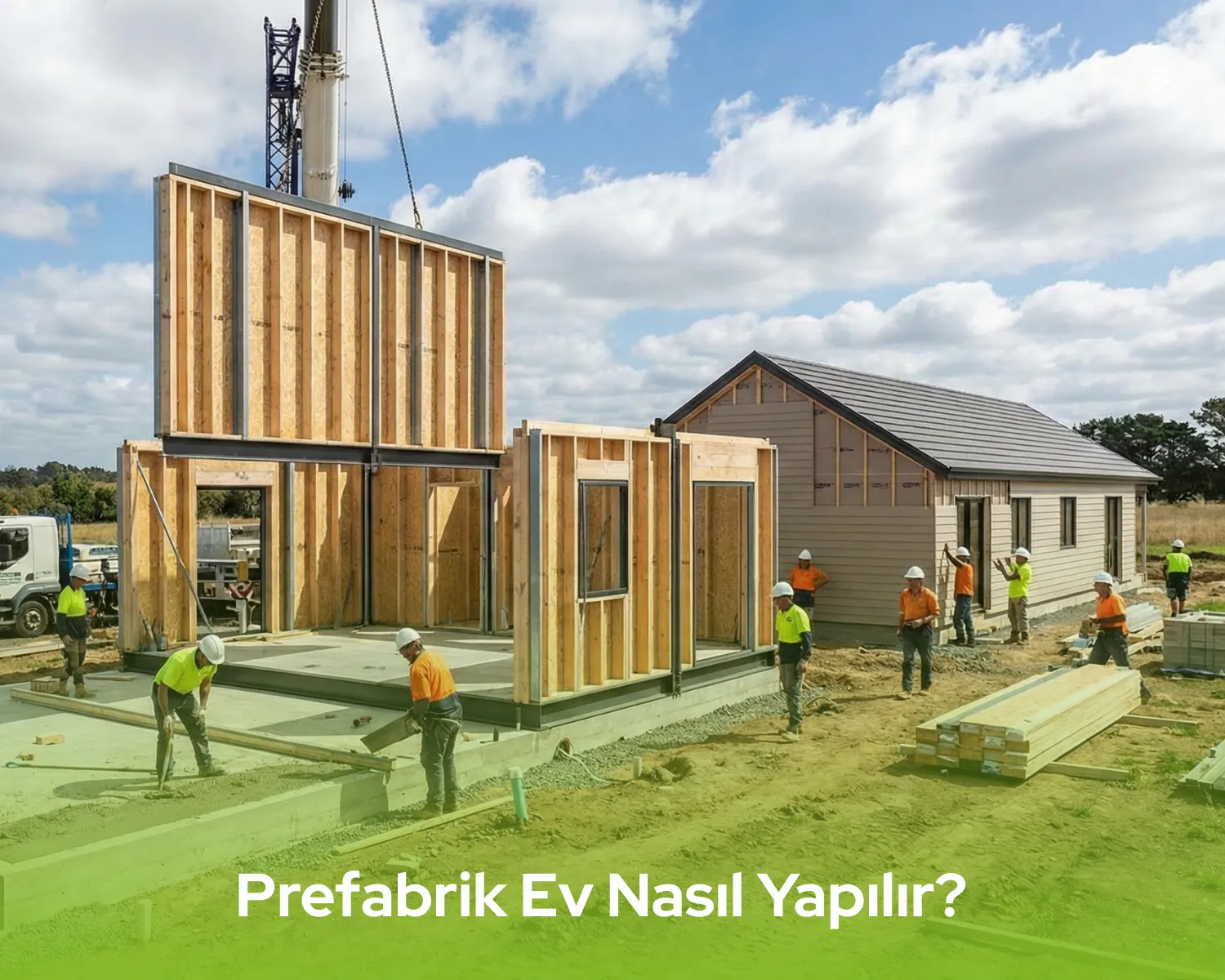 Prefabrik ev nasıl yapılır aşamalarını gösteren modern montaj görseli; Pramo ile hızlı kurulum çözümleri.