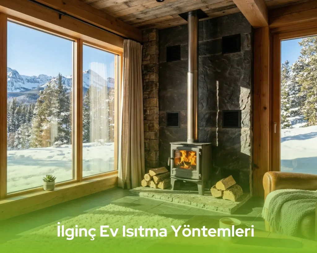 Gelişmiş boru sistemleri ve pelet sobası içeren, ilginç ev ısıtma yöntemleri ile donatılmış enerji verimli iç mekan tasarımı.