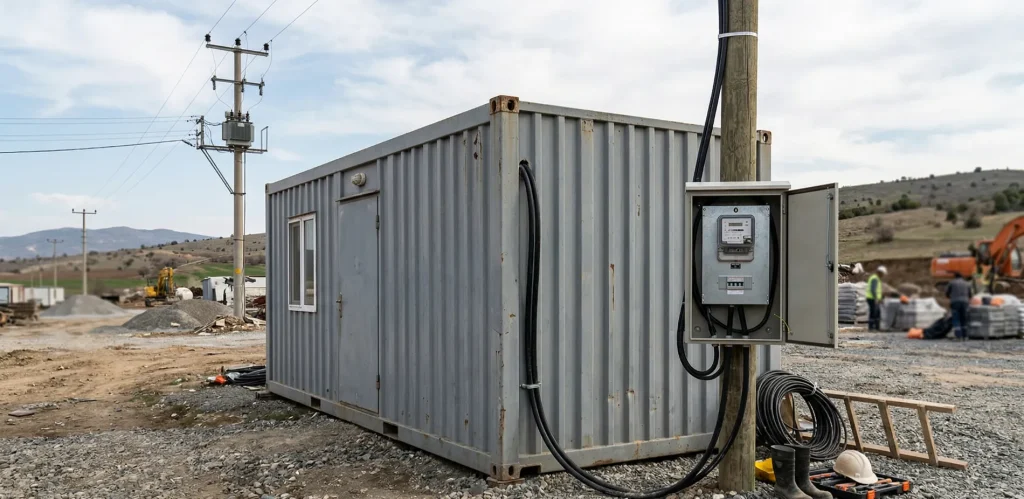 Resmi konteyner elektrik aboneliği için dış mekana monte edilmiş mühürlü elektrik sayacı; detaylı bilgi için tıklayın.