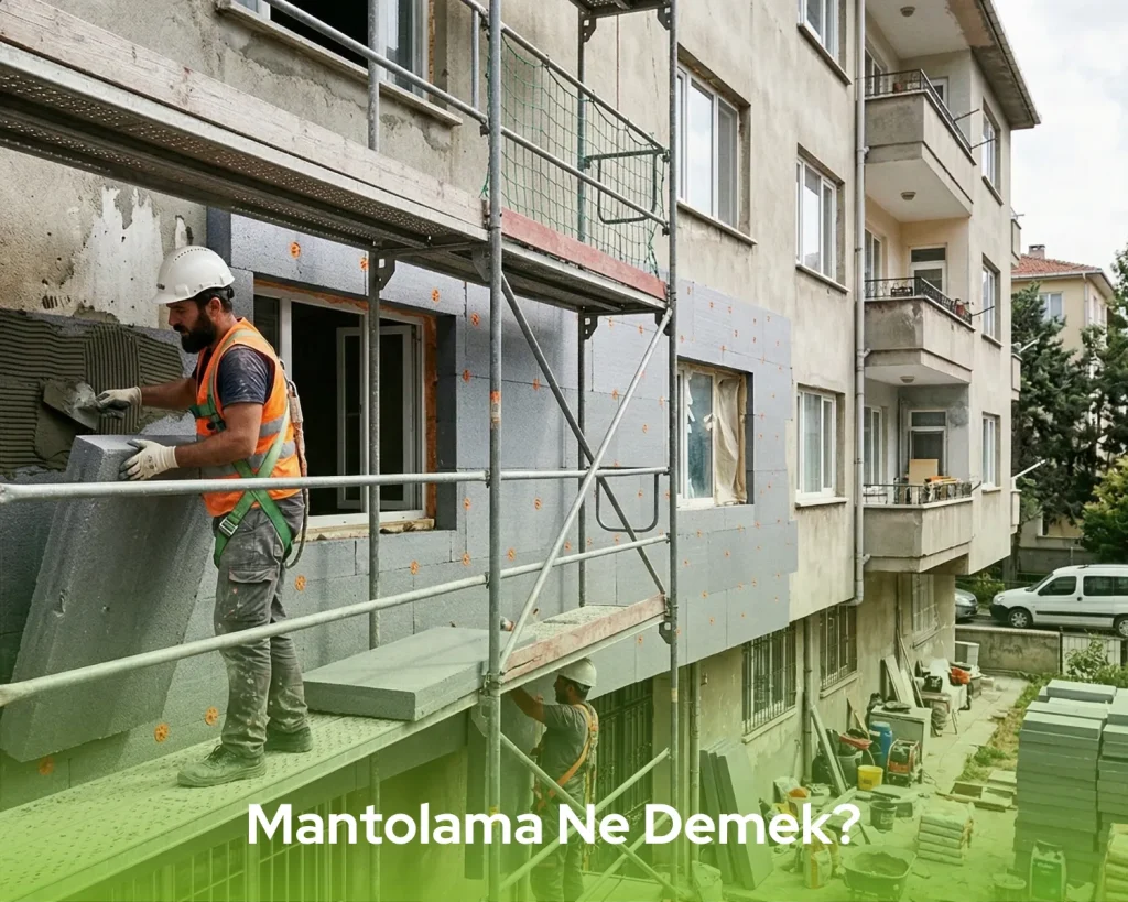 Mantolama ne demek sorusuna yanıt veren bir binanın dış cephe ısı yalıtımı uygulama aşaması.