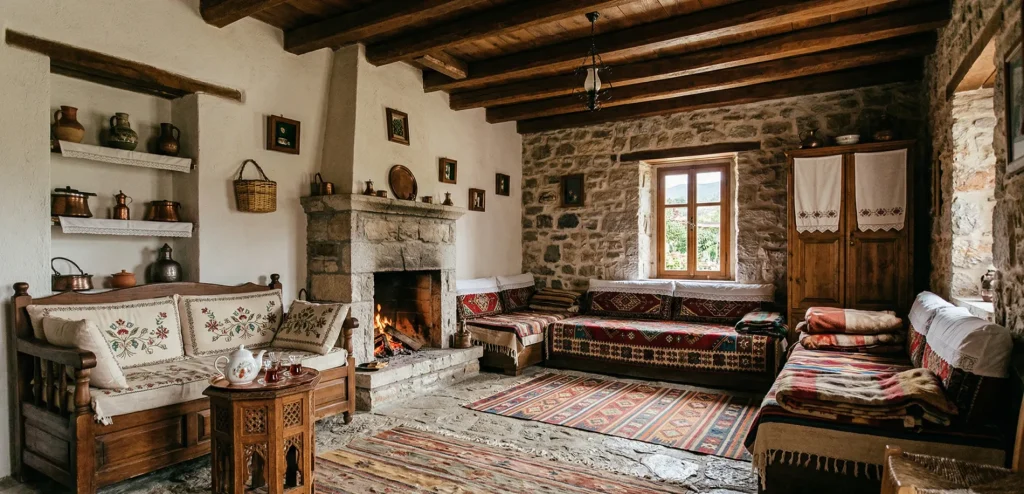 Modern köy evi iç tasarım fikirleri; geniş camlı salonlar ve ahşap dokuların uyumu için tıklayın.