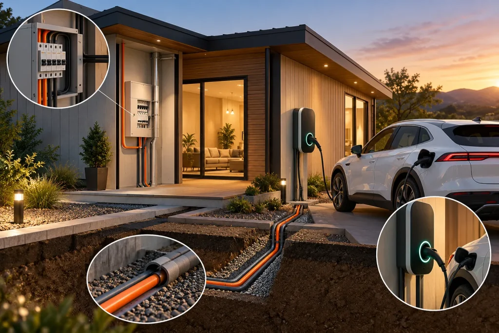 Prefabrik bir evin önünde elektrikli araç şarj ünitesi altyapısı hazırlığı yapılırken, bir mühendis kabloları kontrol ediyor.